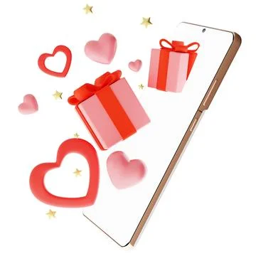 A smartphone is displayed with three-dimensional presents and hearts floating Stock Illustration