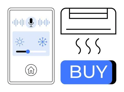 Smartphone displaying air conditioning controls, voice command icon, temperat Stock Illustration