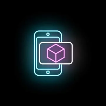 Smartphone displaying augmented reality 3d cube neon icon Stock Illustration
