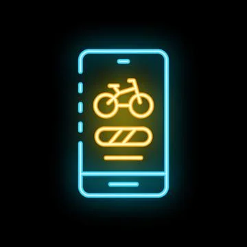 Smartphone displaying bicycle sharing app with loading bar in neon style Stock Illustration