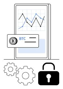 Smartphone Displaying Bitcoin Data with Graphs, Security Lock, and Gear Mec.. Stock Illustration