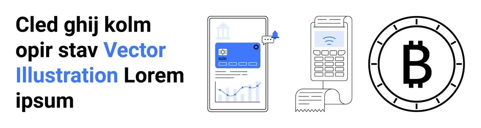 Smartphone displaying charts, receipt printer, Bitcoin symbol. Ideal for fint Stock Illustration
