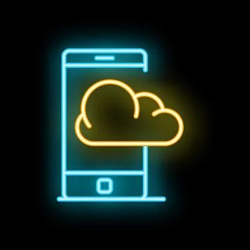 Smartphone displaying cloud computing neon icon on black background Stock Illustration