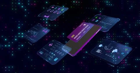 Smartphone displaying credit card while app loading animating fintech UI panels Stock Photos
