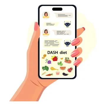 Smartphone displaying DASH diet app with chat interface and colorful food i.. 스톡 일러스트