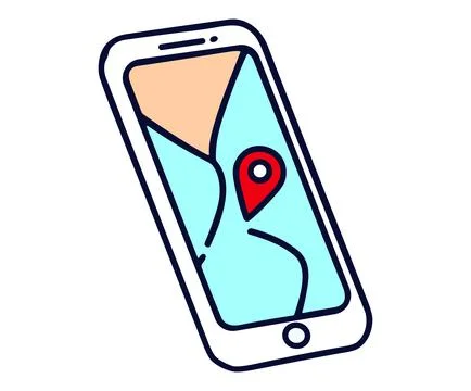 Smartphone displaying a digital map with a red location pin marker icon. Stock Illustration