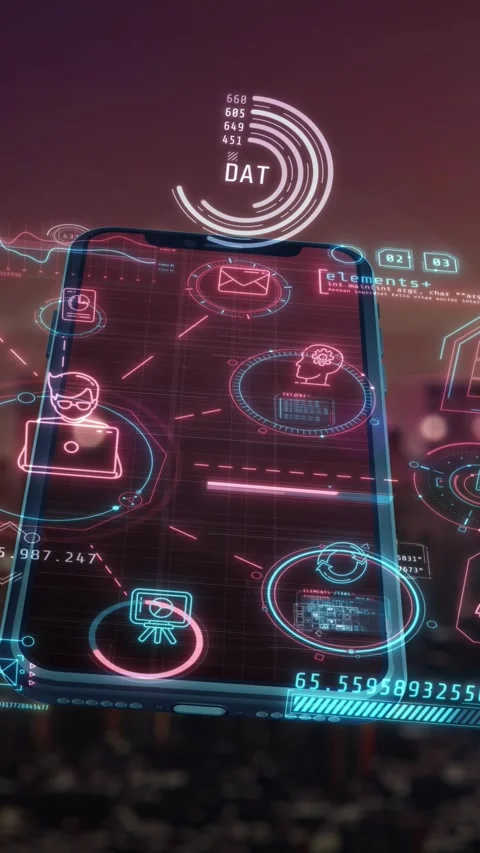 Smartphone displaying digital network connecting futuristic interface over city Stock Footage 345667365