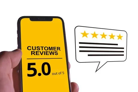 Smartphone displaying a Five Star Customer Reviews Stock Photos