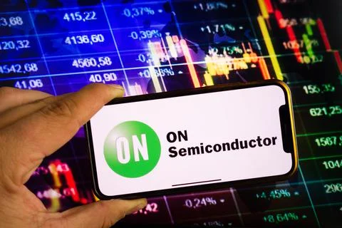 Smartphone displaying logo of ON Semiconductor Stock Photos
