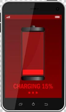 Smartphone displaying a low battery indicator while charging at 15%, with a.. Stock Illustration