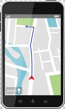 Smartphone displaying a map application with a route highlighted, indicatin.. Stock Illustration