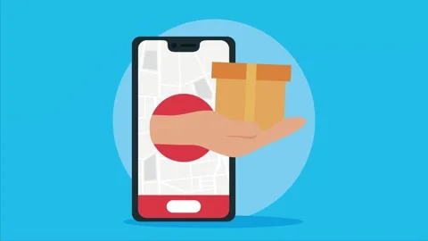 Smartphone displaying map with a hand holding a delivery box, illustrating .. Stock Footage 334531583
