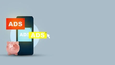 Smartphone displaying multiple ad pop-ups and a cursor next to a piggy bank.. Stock Photos