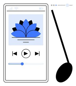 Smartphone displaying music app interface with lotus design on the screen, pl 库存插图