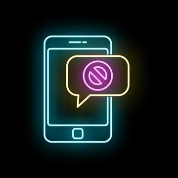 Smartphone displaying a neon speech bubble with a stop sign symbol Stock Illustration