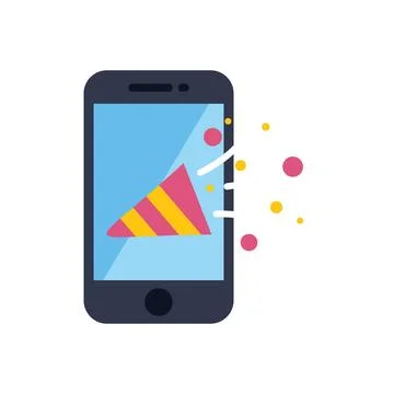 Smartphone displaying party popper exploding with confetti, celebrating onlin Stock Illustration