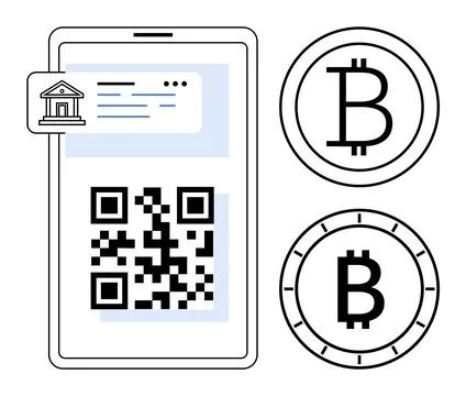 Smartphone Displaying QR Code and Bitcoin Symbols for Digital Payment Trans.. Illustrazione stock