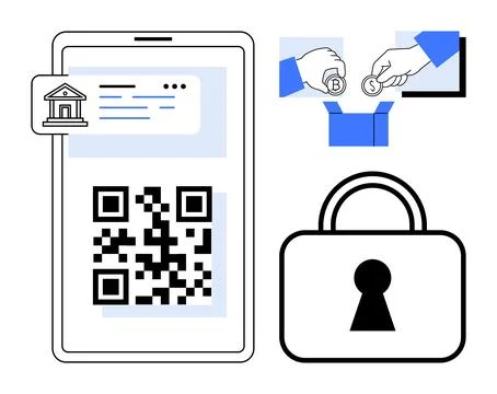 Smartphone displaying QR code with bank icon, hands depositing coins, and s.. Illustrazione stock