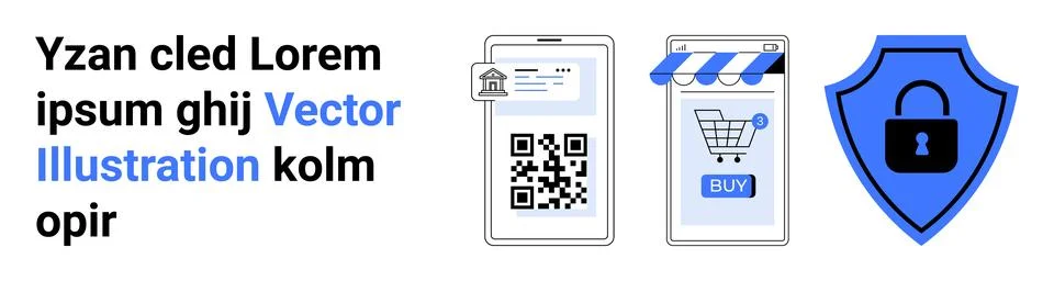 Smartphone displaying QR code a mobile shopping cart and a lock symbol on shi Stock Illustration