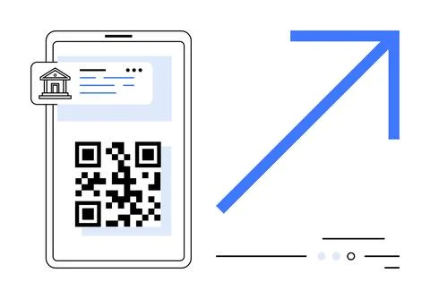 Smartphone displaying QR code next to an upward arrow. Ideal for banking, fin Stock Illustration