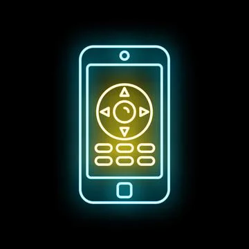 Smartphone displaying remote control app neon icon Stock Illustration