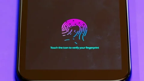 A smartphone displaying on the screen an icon to verify a fingerprint. Security. Stock Footage 145764064