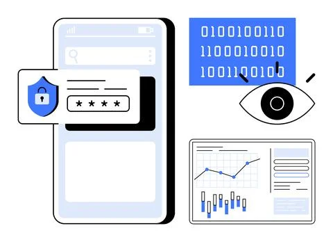 Smartphone displaying security password input overlay, binary code near eye i Stock Illustration