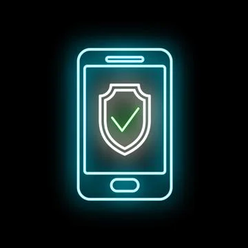Smartphone displaying security shield neon icon concept Stock Illustration