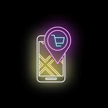 Smartphone displaying shop location on map neon icon Иллюстрация