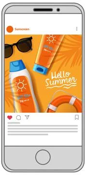 Smartphone Displaying a Social Media Post with Sunscreen and Summer Accessori Stock Illustration