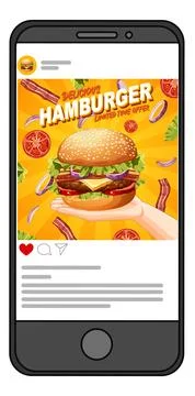Smartphone Displaying Social Media Post for a Delicious Hamburger Promotion Stock Illustration
