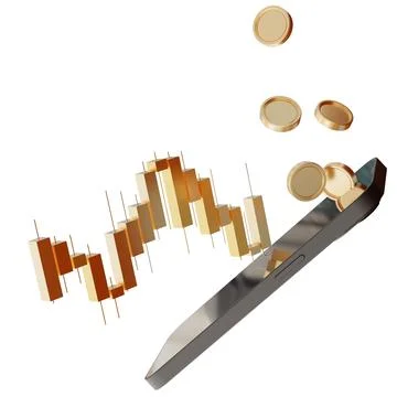 Smartphone displays a bar graph along with coins floating above it. This sh.. Ilustração Stock