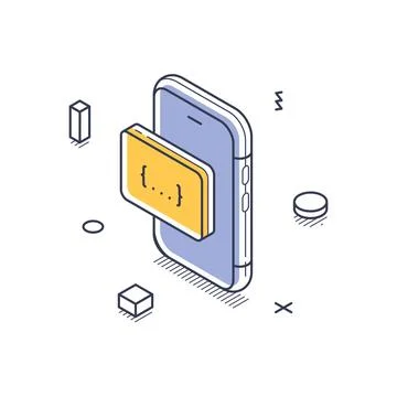 A smartphone displays a code block, symbolizing web development. Surrounding  Stock Illustration
