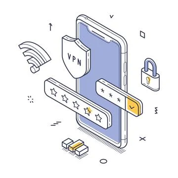 Smartphone displays a shield, online security. Surrounding elements include s 库存插图