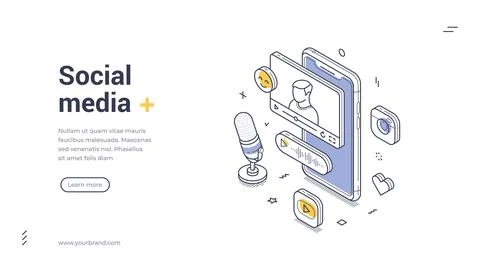 A smartphone displays a video call featuring a person. Social media isometric Illustrazione stock