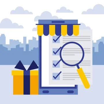 Smartphone document check mark magnifying glass gift business イラスト素材