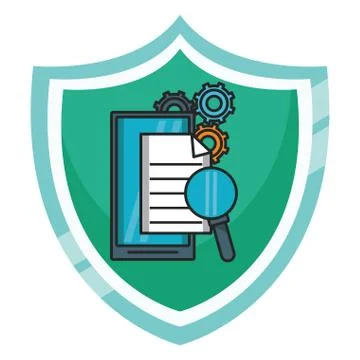 Smartphone with document gears and magnifying glass 스톡 일러스트