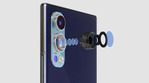 Smartphone with Dual Camera - Optic Elements and Sensor in Exploded View, Close Stock Illustration