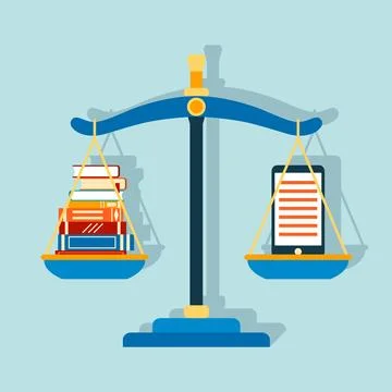 Smartphone e-book and stack of paper books at the scales Stock Illustration