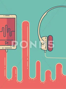 Smartphone With Earphones Flat Linear Poster