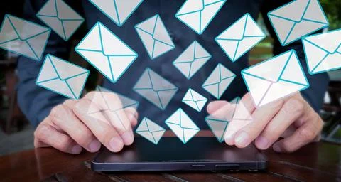 Smartphone Email Notification Burst with Floating Envelope Icons Stock Photos
