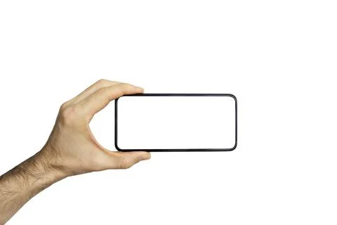 Smartphone empty screen in a hand. Black phone isolated on white background Stock Photos