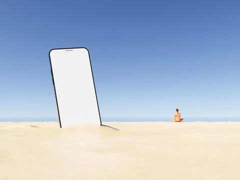 Smartphone with empty screen on sandy beach near anonymous lady Stock Illustration
