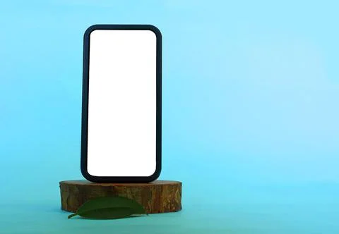 A smartphone with an empty white screen and a green ficus leaf on a wooden st Foto stock