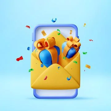 Smartphone with envelope and gift box 3d. 스톡 일러스트