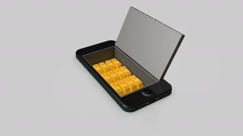 Smartphone filled with gold bars being opened as a vault. Digital security. Stock Footage
