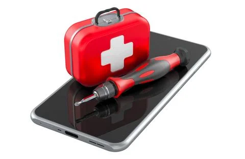 Smartphone with First Aid kit and precision screwdriver. Cell Phone Repair... Stock Photos