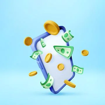 Smartphone with floating coin and banknote 3d Stock Illustration