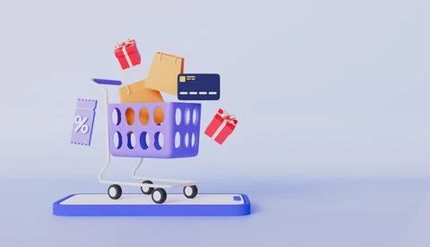 Smartphone with floating objects, Digital marketing, Surprise box and shopping Illustrazione stock