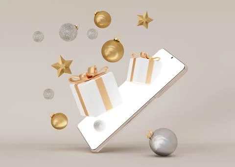 Smartphone with flying gift boxes and Christmas decoration on beige background Stock Illustration